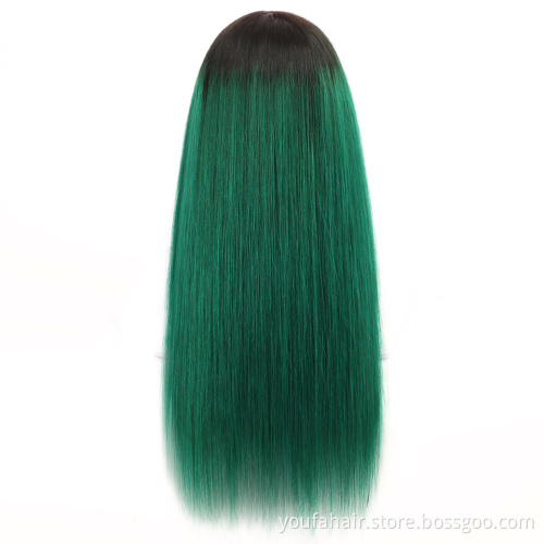 Chinese Vendor Raw Human Hair Glueless None Lace Bangs Wig Ombre 1B Green Virgin Hair Full Machine Made Wigs for Black Women